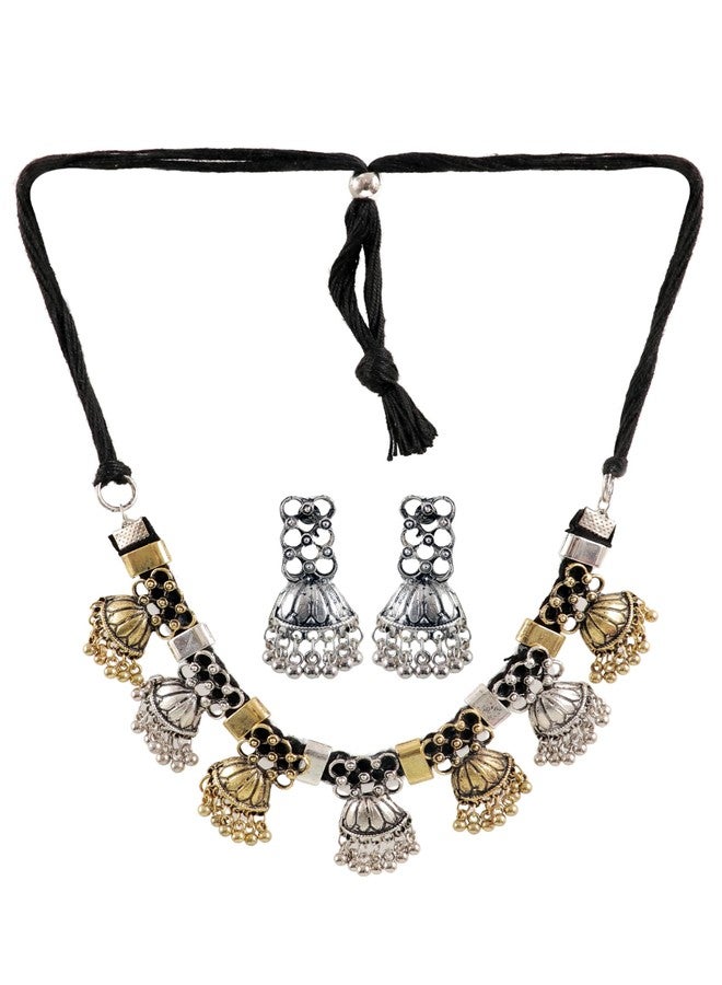 Siddhatva Fashion Indian Ethnic Statement Afghani Silver Oxidized Dual Handmade Tassel Choker Necklace Jewelry (Silver Gold Dual Tone) - Image 2